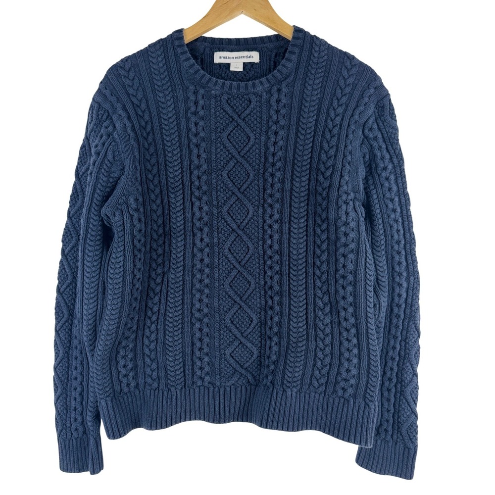 Amazon Essentials Navy Blue Chunky Cable Knit Crew Neck Sweater Size L Fisherman